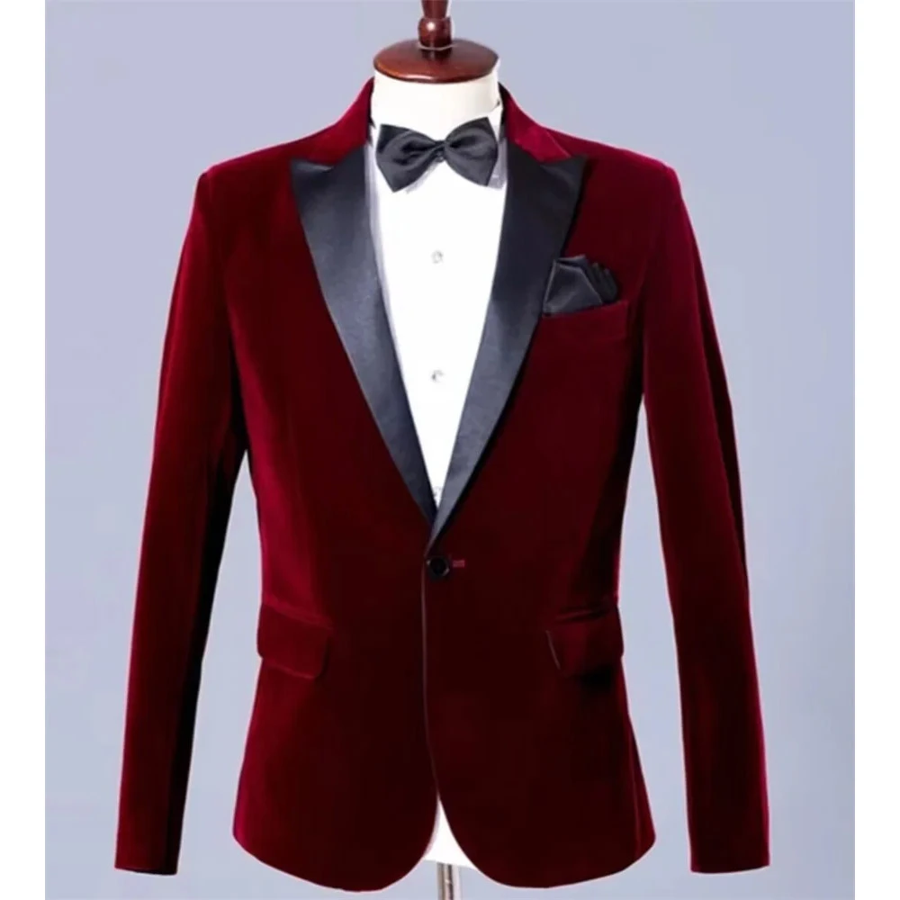 High-end Burgundy Velvet Men Blazer Single Breasted Black Peak Lapel  Wedding Slim Fit One Piece Jacket