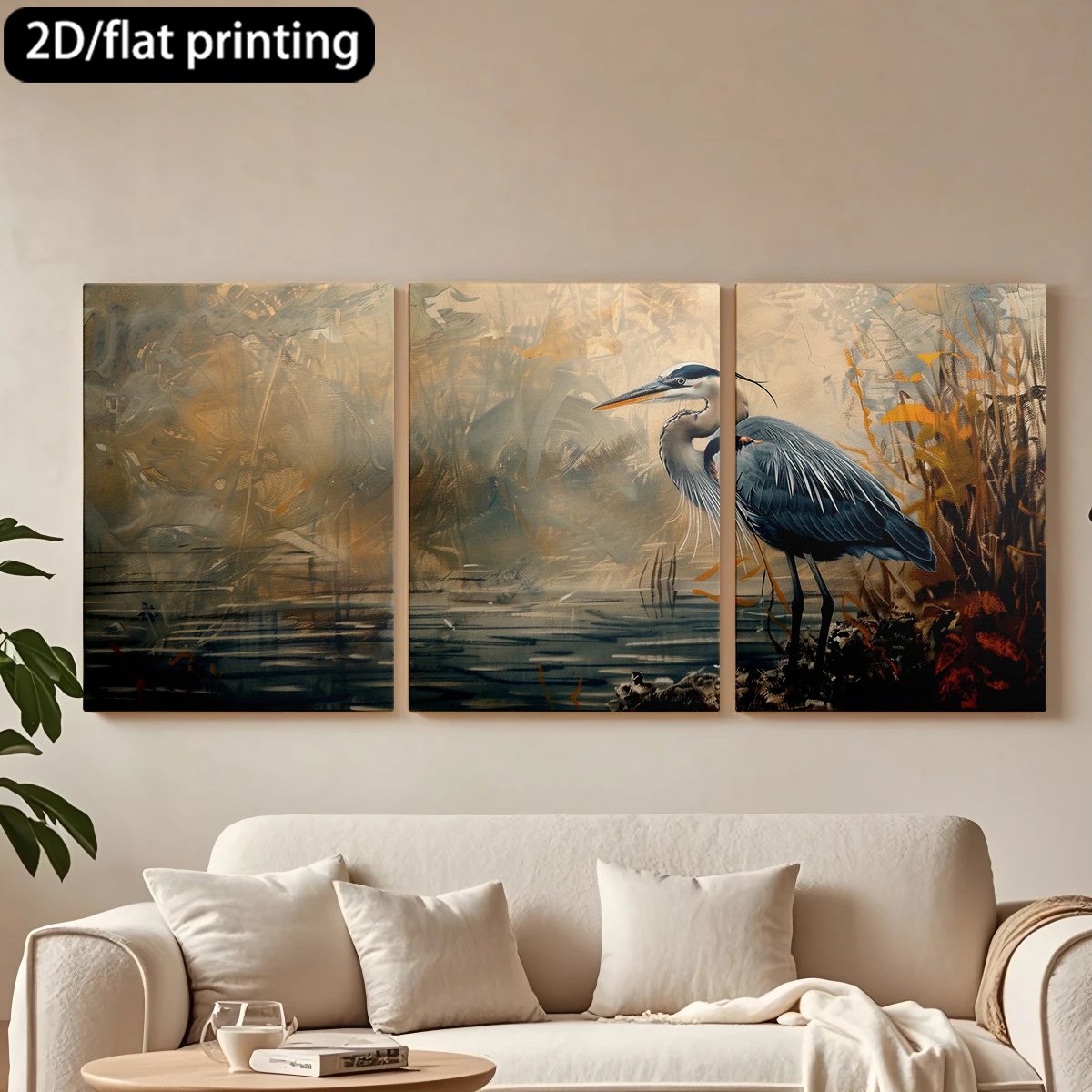 

Набор из 3 картин на холсте в деревянной раме: Синий журавль, водная поверхность, художественная композиция. Декор для коридора и спальни.