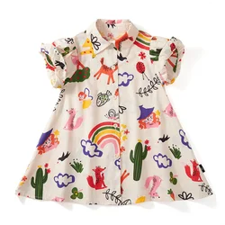 2024 Kids Doodles T Shirt Dress Children Summer Dress Girls Lapel School Skirt Baby Fox Casual Costume Rainbow 2-8 Years Clothes