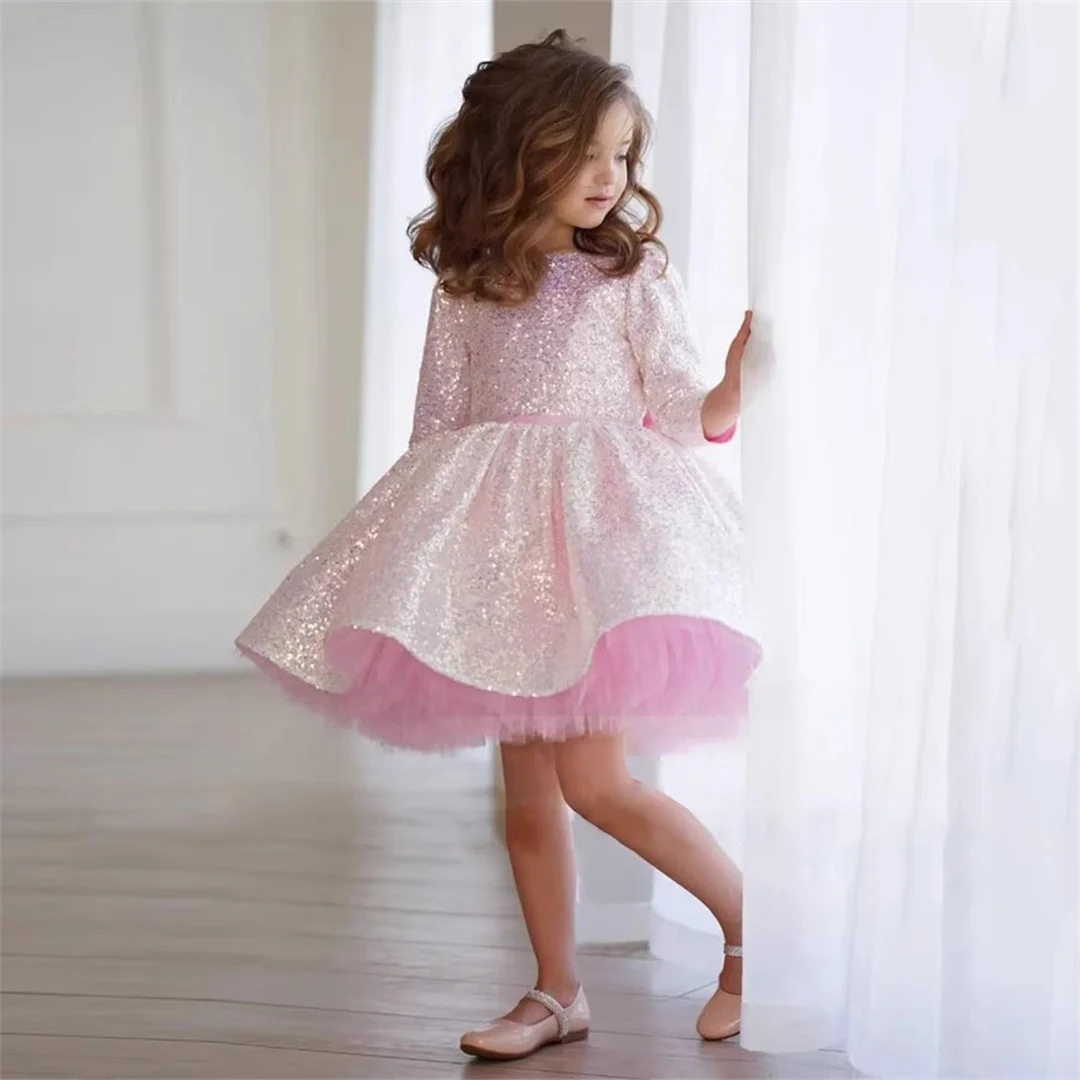 Vestidos de princesa na altura do joelho para meninas, vestido com glitter, rosa, flor, vestido bonito do bebê, festa de aniversário