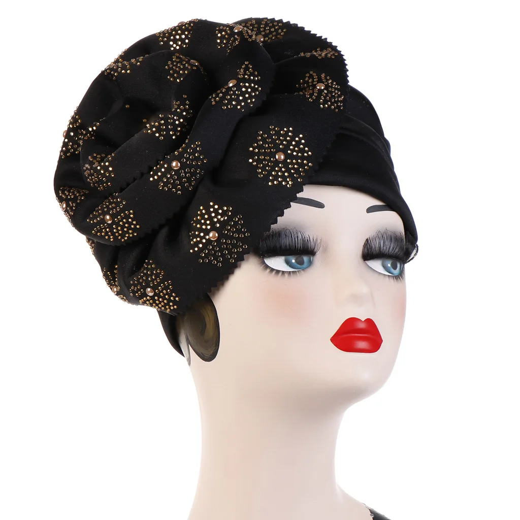 큰 꽃 Turban 모자 여성용 다이아몬드 Headscarf Bonnets 이슬람 머리 랩 여성 파티 모자를 쓰고 있죠 아프리카 Headtie