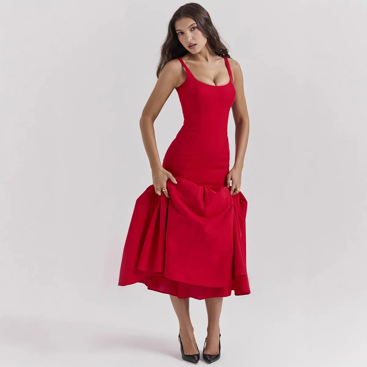 ชุดเดรสผู้หญิง ผ้าแจ็คการ์ด ผ้าซาตินประดับทอง จับจีบเข้ารูป แขนกุด สำหรับงานเลี้ยง สไตล์จีนใหม่ เรียบหรู เบาสบาย เซ็กซี่