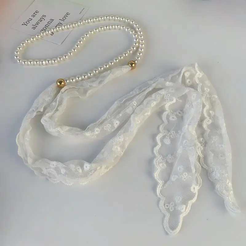 

Модный длинный кружевной пояс Y2k с искусственным жемчугом, тонкий пояс с цветочным бантом и завязками для платья, джинсов, аксессуары для одежды