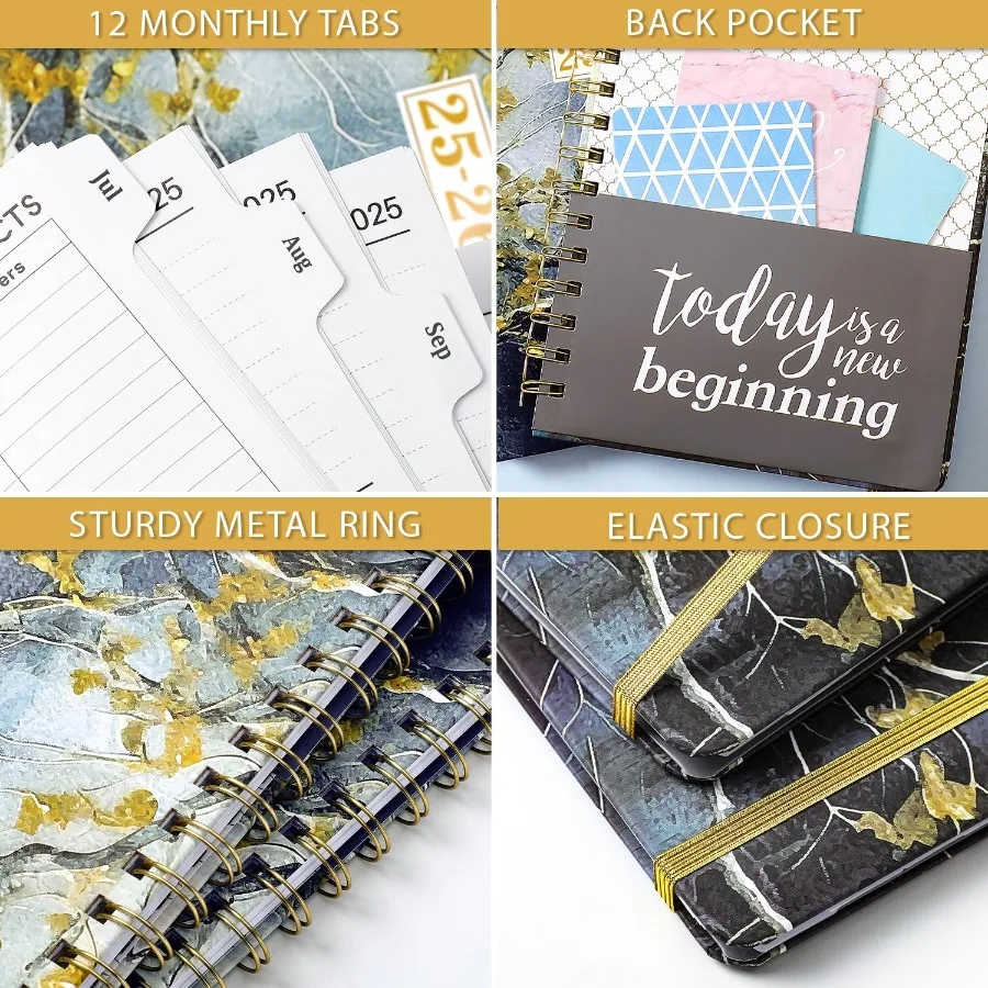 สมุดวางแผนการศึกษาประจำปี 20252026 แบบรายสัปดาห์และรายเดือน ประจำเดือนกรกฎาคม 2025 และมิถุนายน 2026 ขนาด 6.4 นิ้ว x 8.5 นิ้ว พร้อมห่วงโลหะทนทานและสายรัดยางยืด