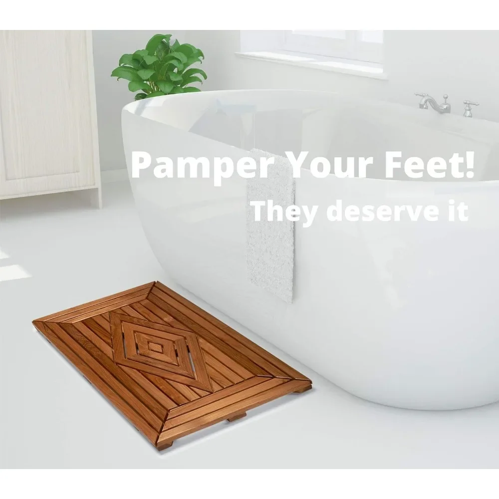 Alfombra de ducha de teca de diseño personalizable, grande, 31,5 X 19,5, resistente al agua natural con acabado en aceite de teca para baño, baño, piscina,