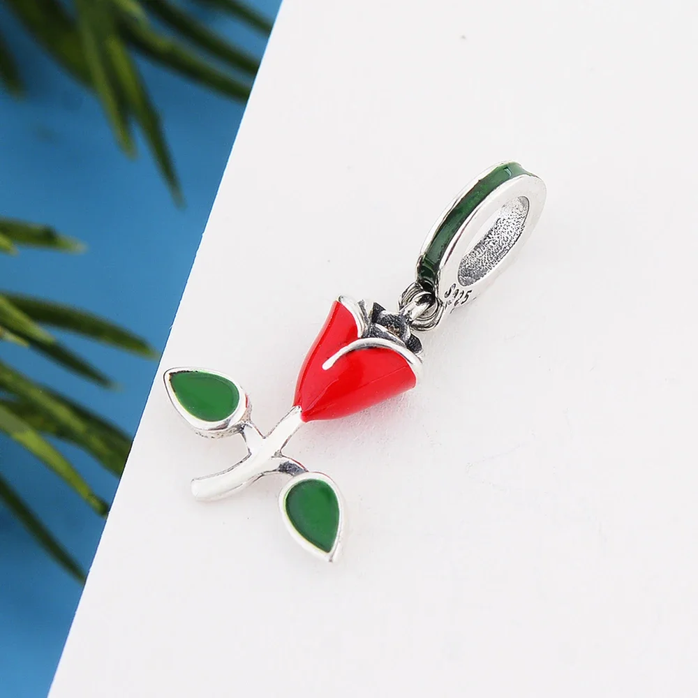 

Fit Original Brand Charm Bracelet 925 Sterling Silver Red Enamel Rose Flower Bead For Making Women Wedding Berloque Whosale