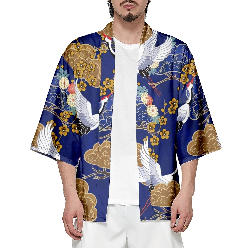 New Design Cartoon Crane Print Blue Kimono Japanese Traditional Streetwear Cardigan Robe Women Men Haori Top Yukata