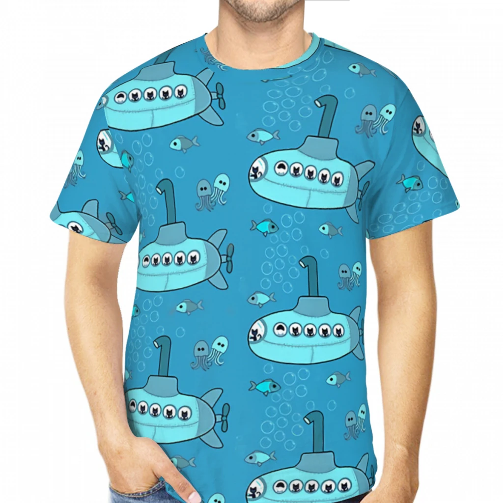 Kitty Aqua Submarine Adventure on Teal Summer Mens T Shirts  3D Printed Breathable Polyester Tops Quick-drying Short Sleeve