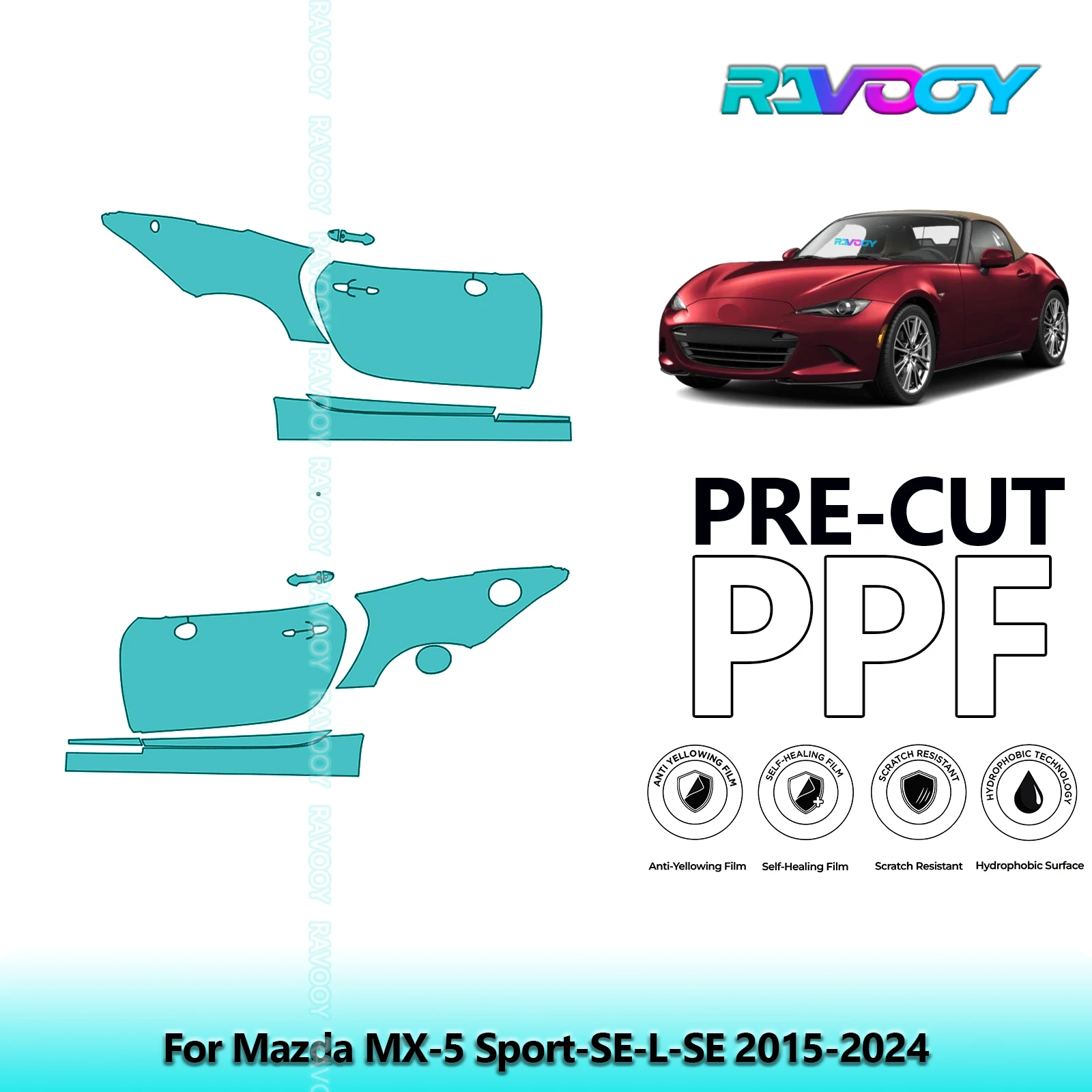 

For Mazda MX-5 Sport-SE-L-SE 2015-2024 8.5mil Clear Matte Pre-Cut PPF Door & A/B Pillar Kit TPU Paint Protection Film Set