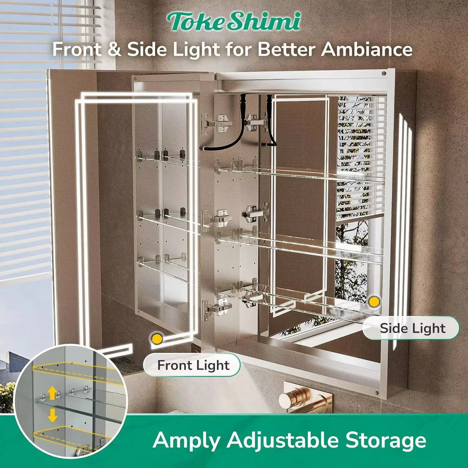 خزانة طبية بمرآة 36 × 30 LED من TokeShimi مع إزالة الضباب، خزانة أدوية مضاءة بثلاثة ألوان، خافتة بدون خطوات، CRI