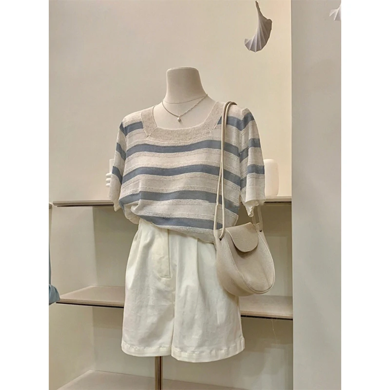 

Korean Sle Ice Silk Knitted Top Women's Summer Casual Stripe ort Sve Square Collar Slimming T-irt Comfortable Fit
