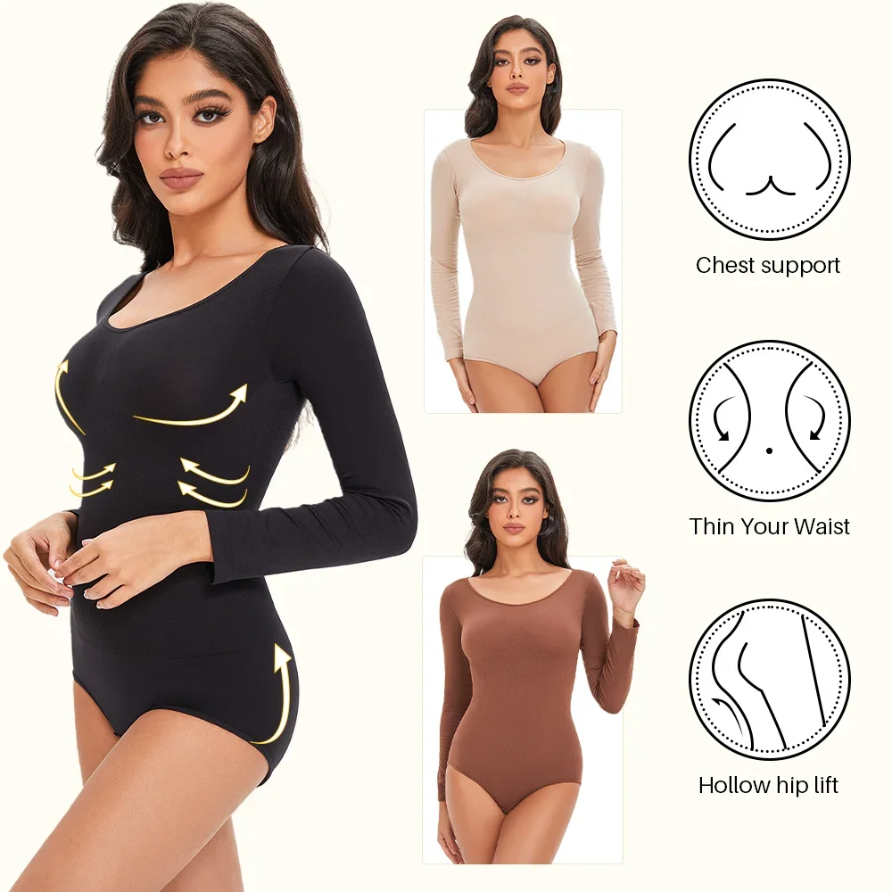 POKARLA Spandex Elastic Body Suit Shapewear Women Body Shaper Tummy Control Long Sleeve Open Crotch Round Neck Seamless Shapers