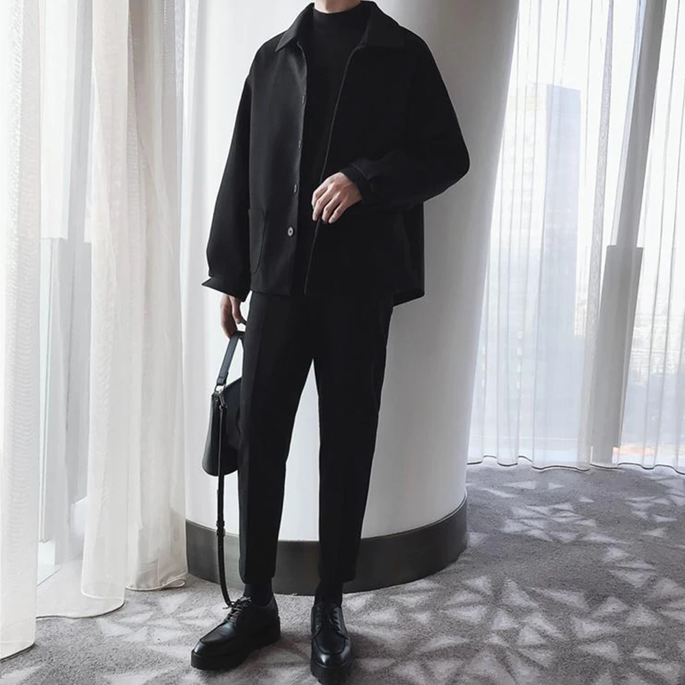 Retro Suit Jacket Mens Windbreaker Korean Style Trendy Casual Loose Suit Jacket Handsome Autumn And Winter Solid Color Coat Men