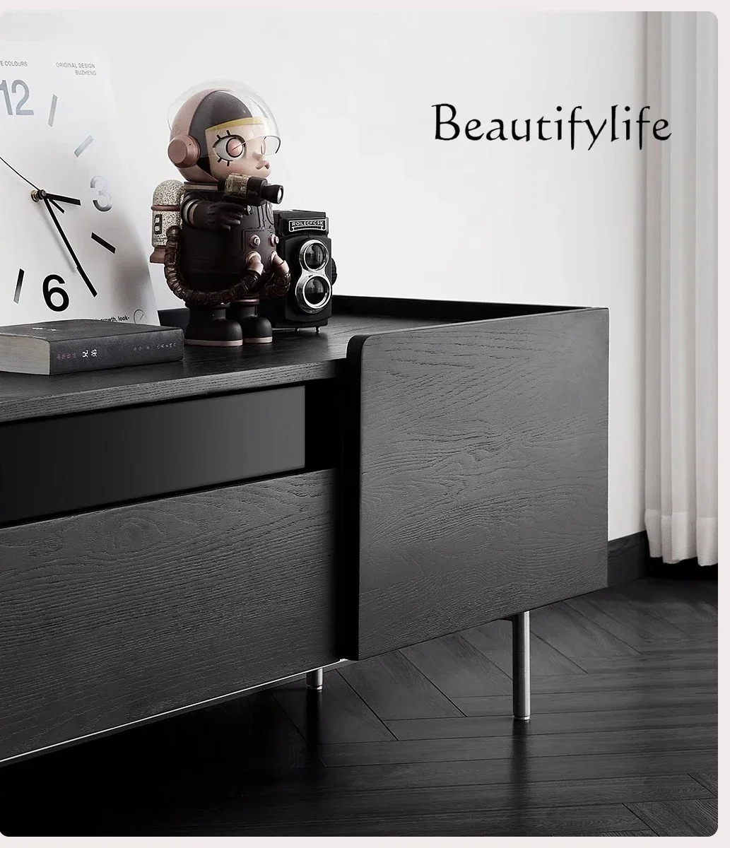 BJ Solid Wood TV Cabinet Living Room Black Ash Wood Storage Cabinet Vintage Nordic Home Floor Drawer Cabinet