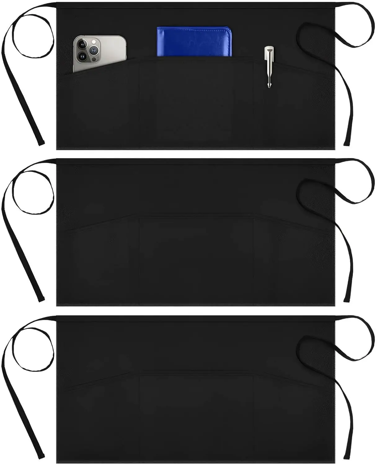 

3 Pack Server Aprons with 3 Pockets, Waterdrop Resistant Waitress Waiter Waist Apron, 11.5-inch Black