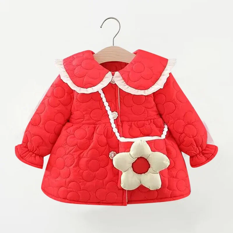 0-4 year old winter children\'s coat New girls\' long sleeved cotton coat Warm lapel coat Simple coat Girls\' clothes Girls\' coat