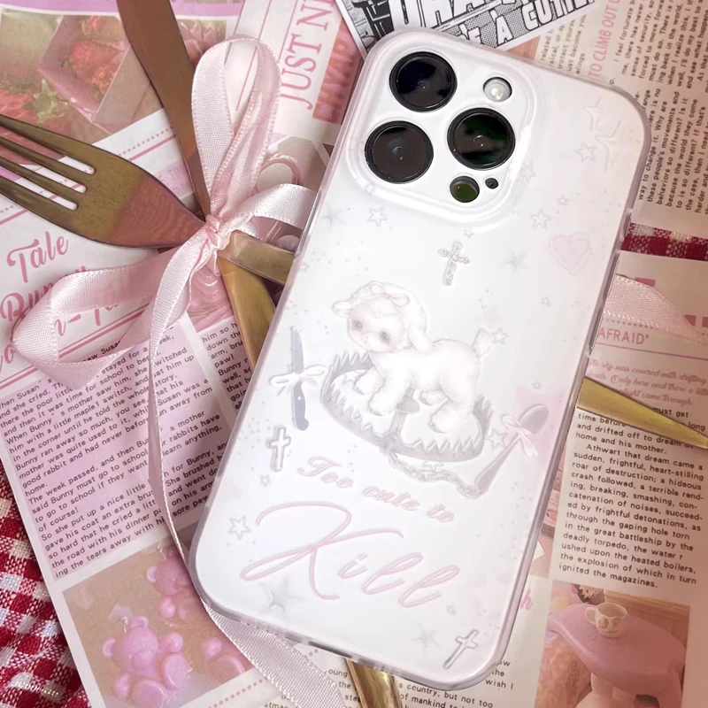 Y2k Korean INS Creative Cute Pink Lamb Cartoon Phone Case For iPhone 17 16 15 14 13 12 11 Pro Max Plus Girl Heart Kawaii Cover - view 2