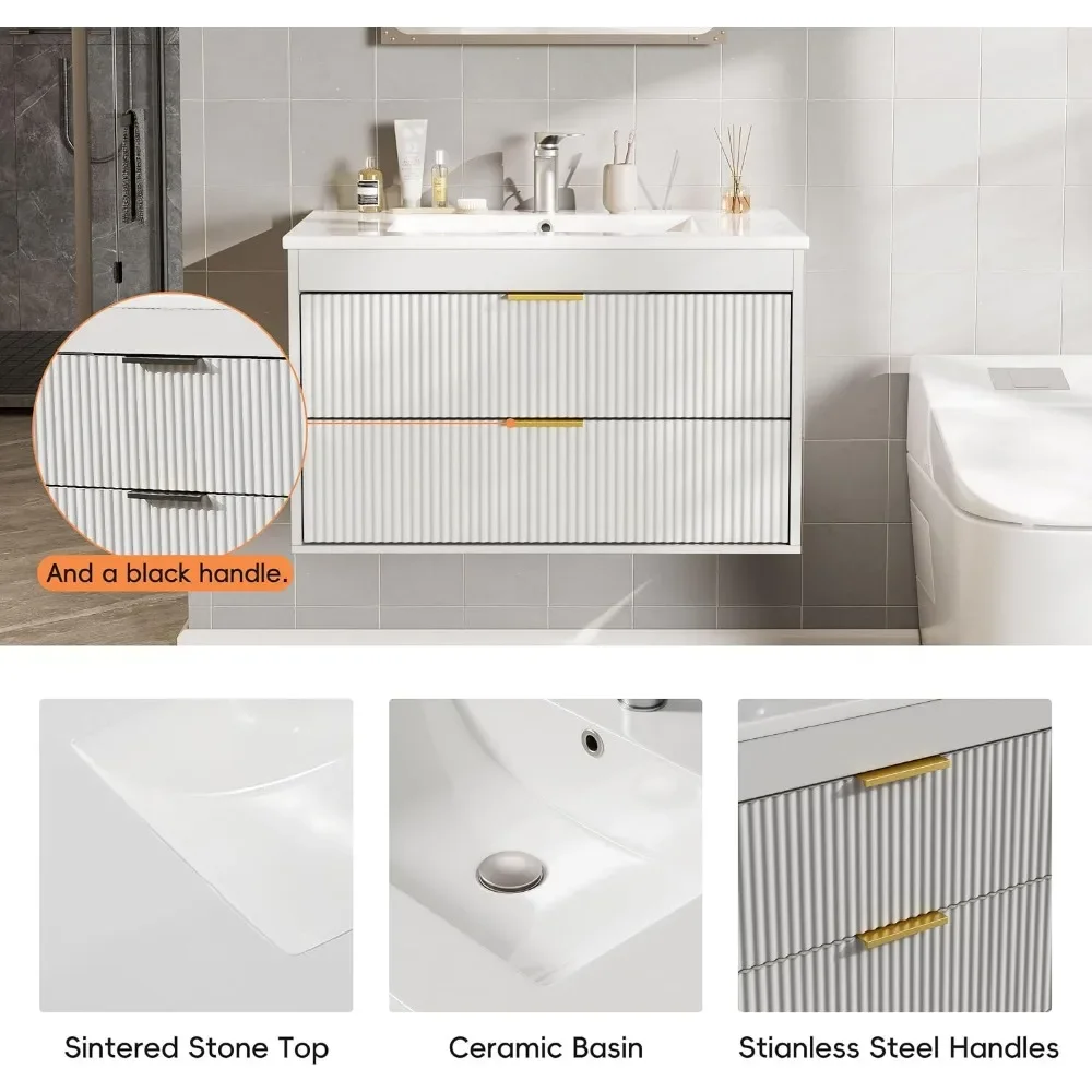 Meja Rias Kamar Mandi Mengambang 30 ''dengan Wastafel, Meja Rias Mengambang Kamar Mandi Terpasang Di Dinding dengan Wastafel Keramik, 2 Laci, Pintu Tutup Lembut