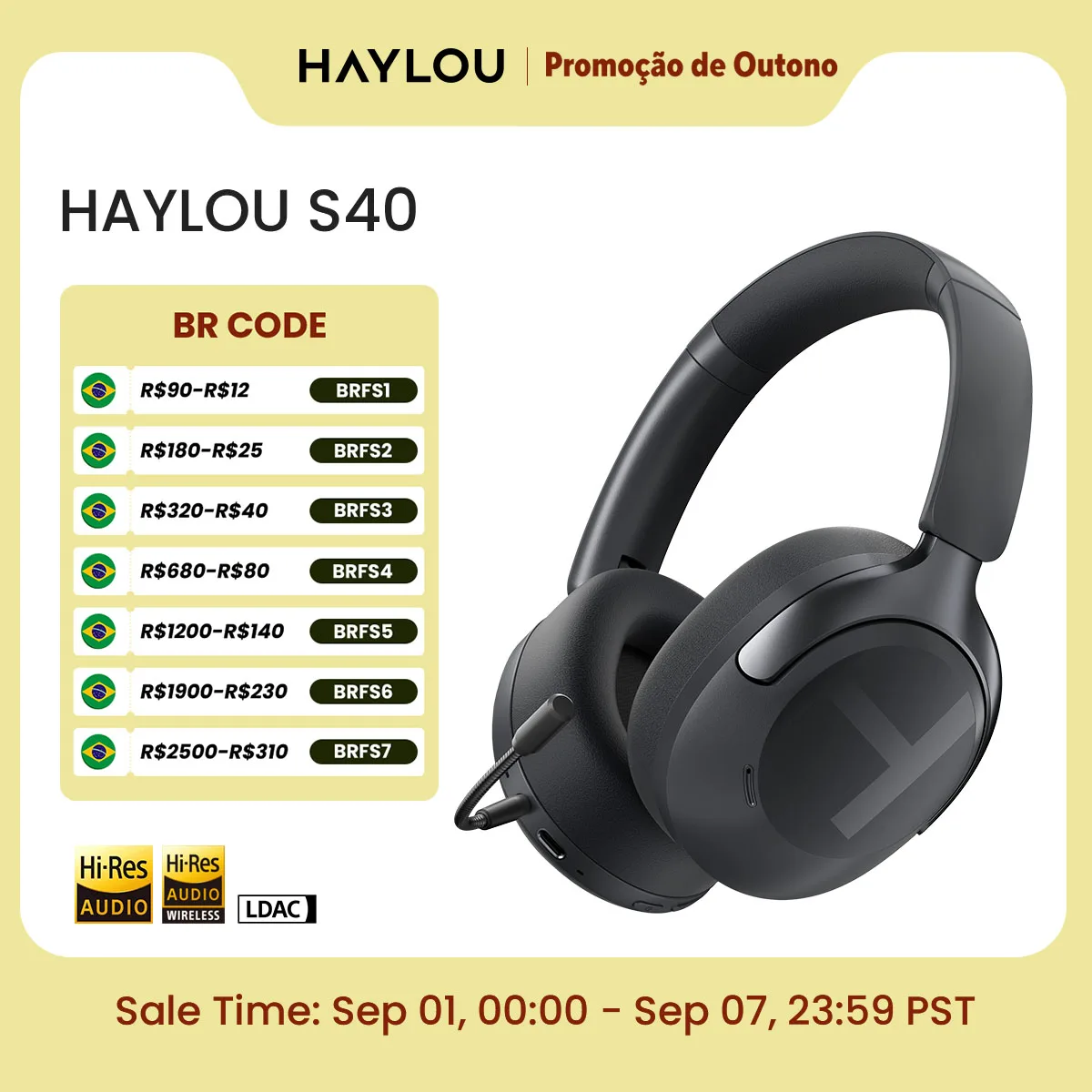 Haylou S40 Fone Bluetooth Over Ear com ANC 50dB