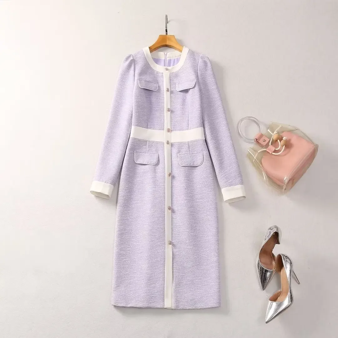 كيت ميدلتون الخريف الساخن بيع الموسم المرأة جولة الرقبة طويلة الأكمام الأرجواني فستان صوفي زر الديكور ثوب سيدة