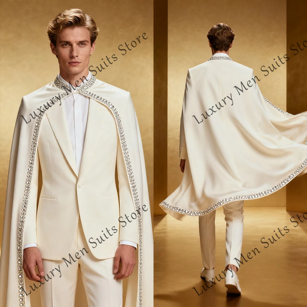 

Elegant Diamond Suits for Men 2 Pieces Wedding Tuxedos Groom Outfits with Cloak Customized Blazer Pants traje juvenil masculino