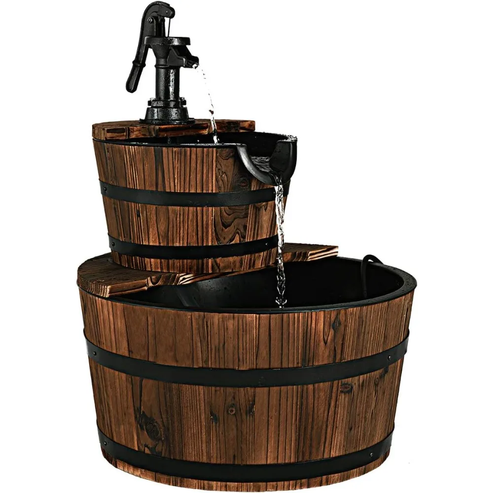 2-Tier Barrel Waterfall Fountain, Rustic Wood Barrel Cascading with Electric Decorative Hand Pump, Outdoor Water Feature for