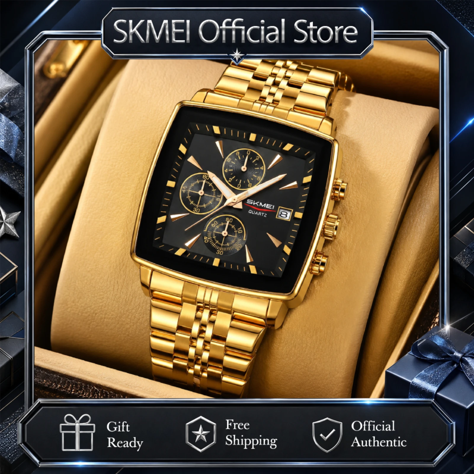 SKMEI 2434 Fashion Quartz Wristwatch Men Business Watches Waterproof Male Clock Stainless Steel Band Time Date Display Stopwatch