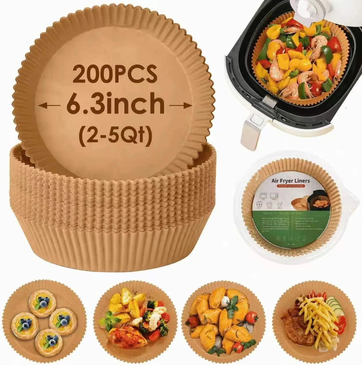 

200Pcs Air Fryer Paper Liners, Non-Stick, Grease Proof, 6.3 Inch, Food Grade, Round Parchment for Baking