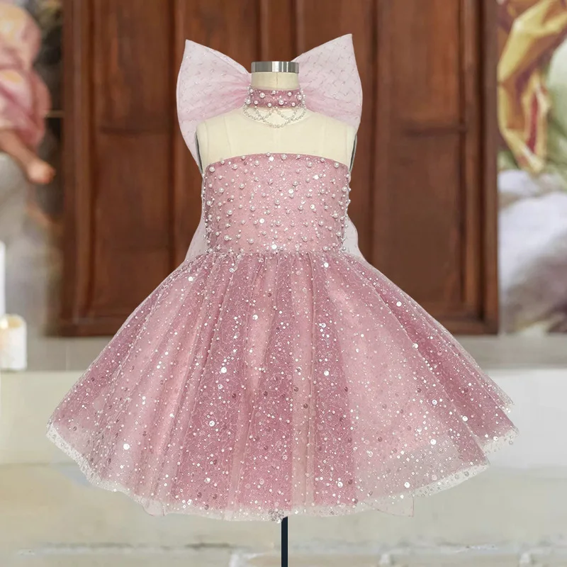 

Sweety Pink Beaded Children Princess Ball Gown Sequined Sparkly Cute Short Flower Girl Dress Birthday Gowns With Bow Sash