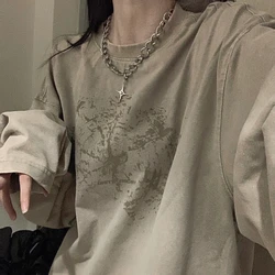 Summer Harajuku Khaki Long Sleeve Tshirts Women Y2k Vintage Print Tees 90s Streetwear Graphic T Shirts Girls Oversize Loose Tops