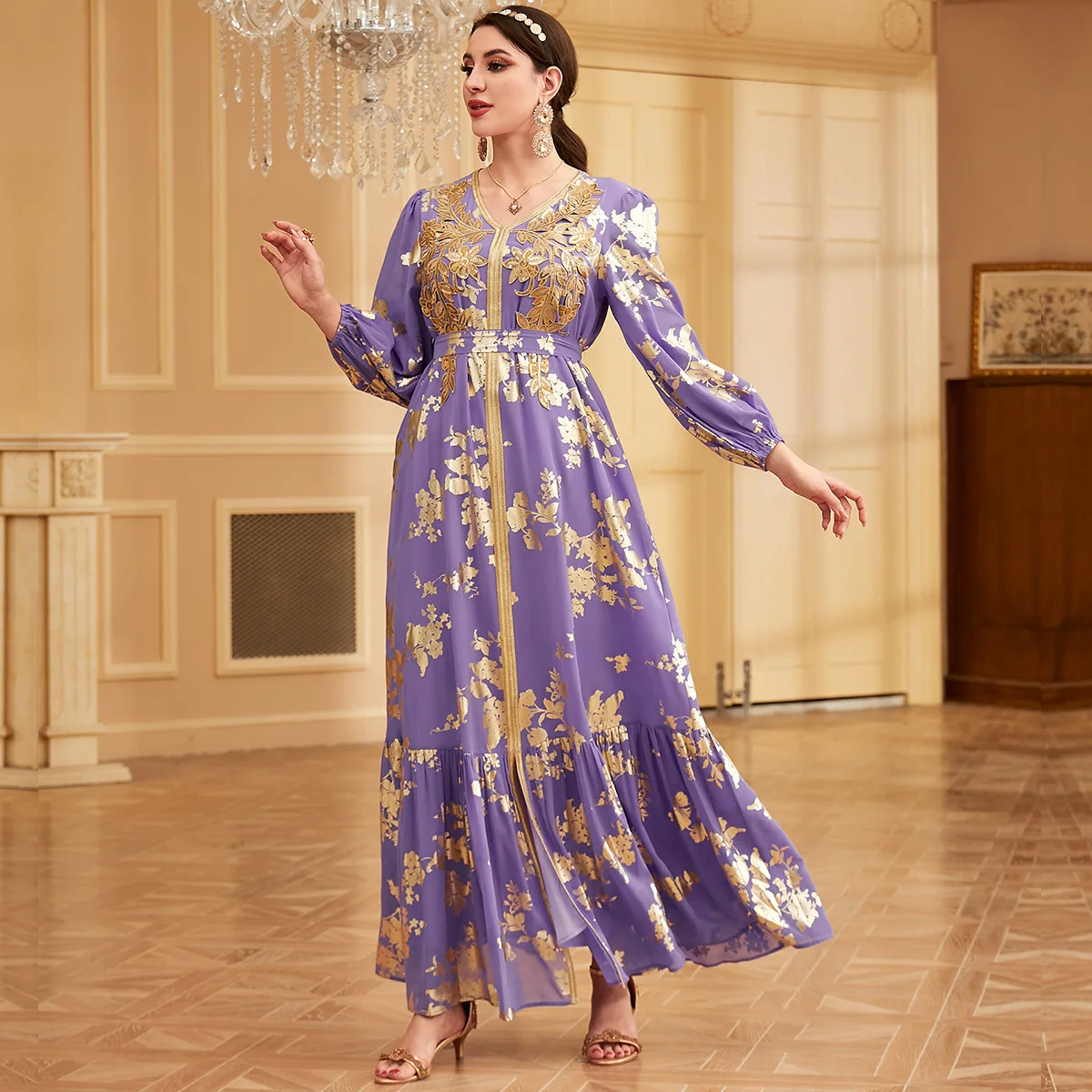 3959 Muslim Grand Swing Long Dress Dubai V-neck Hot Stamped Robe Dress