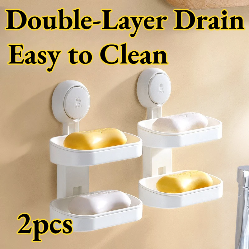 

Soap Box Suction Cup No Punching Wall Mounted Household Toilet Double Drain Shelf Household Removable Durable Bathroom Gadgets