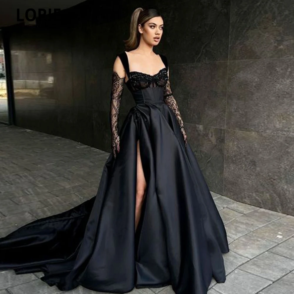 

LORIE A-line Satin Prom Dresses 2023 High Neck Glitter Beaded Lace Evening Gowns Long Party Formal Event Dress Robes De Soirée