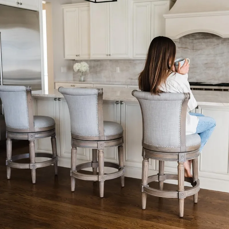 home.プルマン カウンタースツール 26 インチ – フットレスト付き回転スツール – グレーの無垢材フレーム & グレーの布張り –