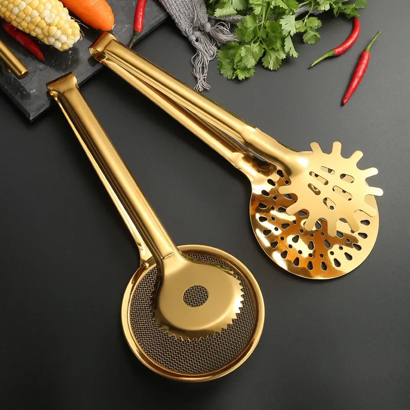 

Gold Stainless Steel Serving Tongs Oil Filter Spoon Mesh Strainer Colander for Snack Barbecue Steak Salad Clamp Kitchen Tools