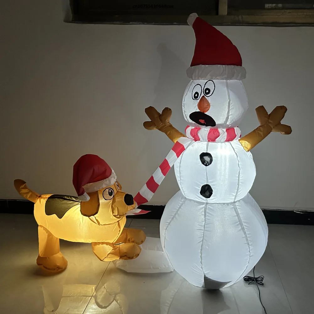 1.1M Christmas Inflatable Dog Bites Snowman Scarf Model Decoration Glowing Doll Cartoon Giant LED Lamp Party Gifts Outdoor Lawn