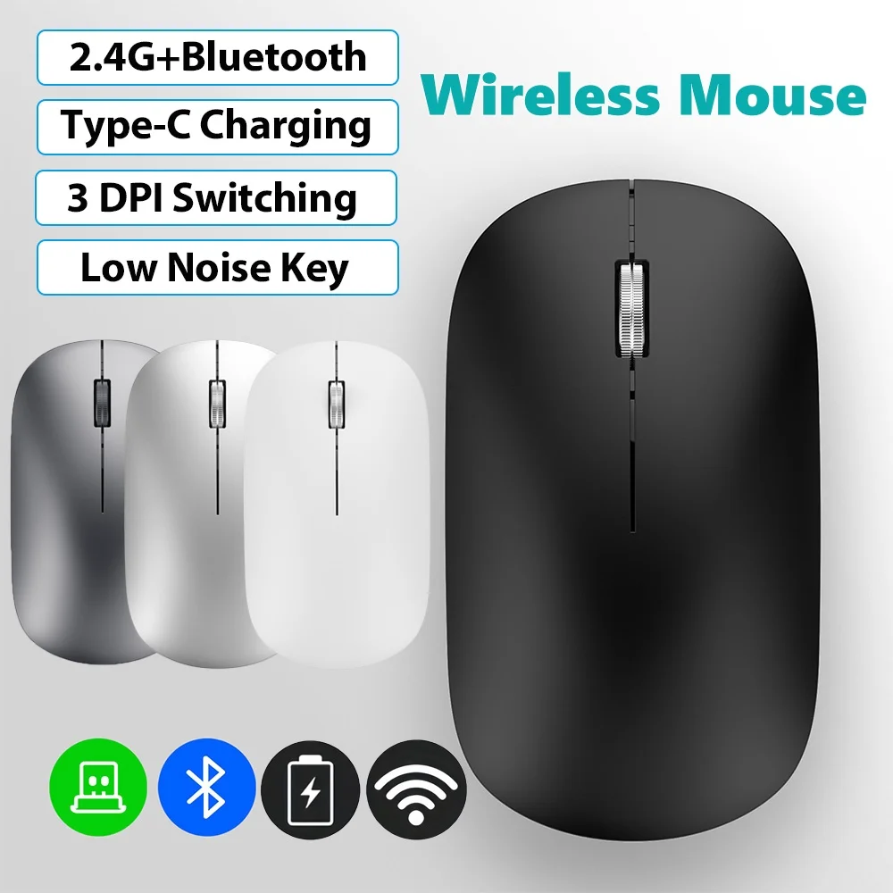 

Computer Wireless Mouse Rechargeable Mouse Bluetooth and 2.4GHz Dual Modes Switchable Silent Click For PC Laptop Macbook Tablet