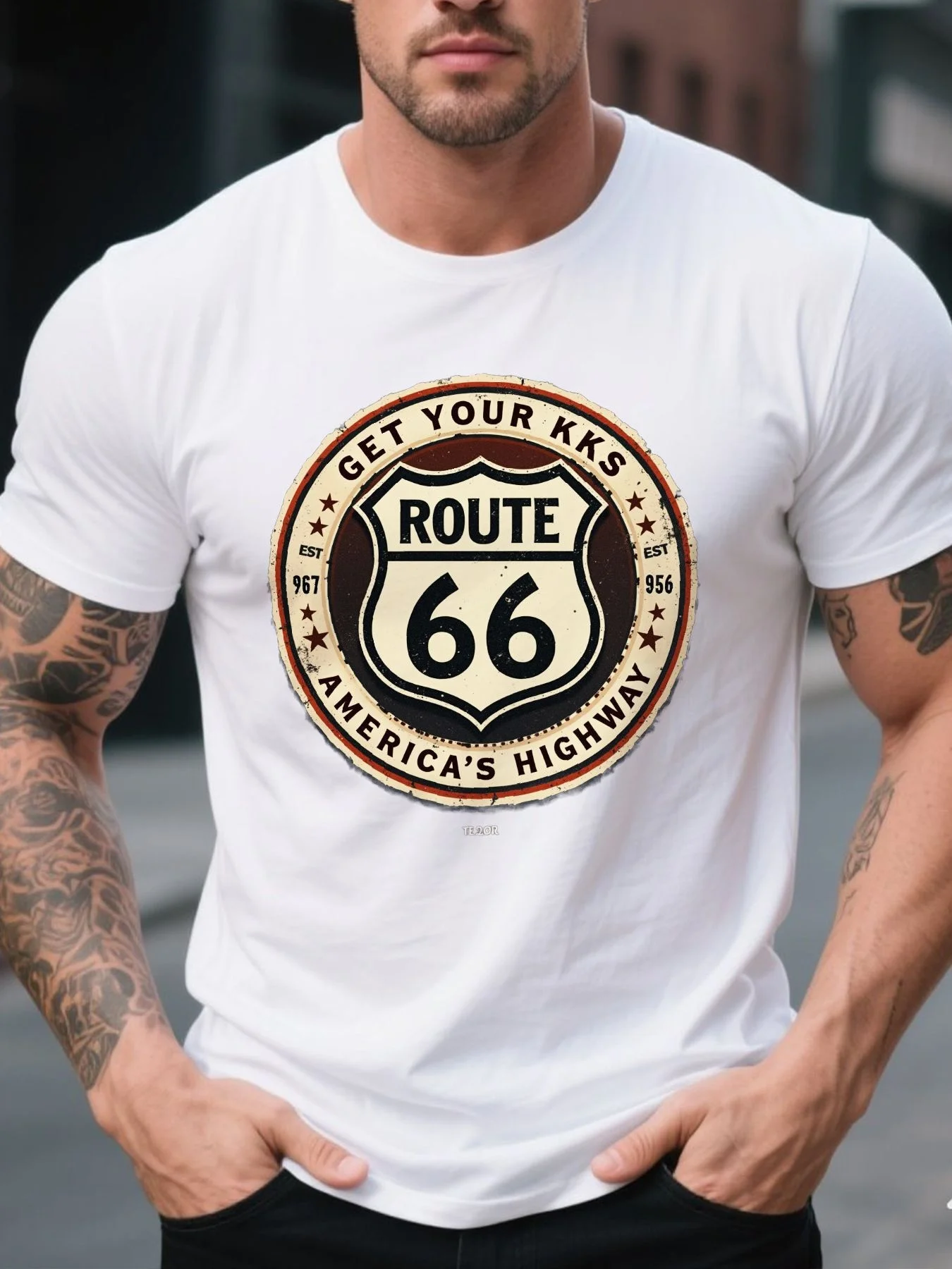Men's Route 66 American Retro Graphic T-Shirt - Soft, Breathable, Round-Neck, Short-Sleeved, with Vintage Shield Print, a Gift for Casual Travel Enthusiasts and Road Trip Lovers, Made from Durable Knit Fabric