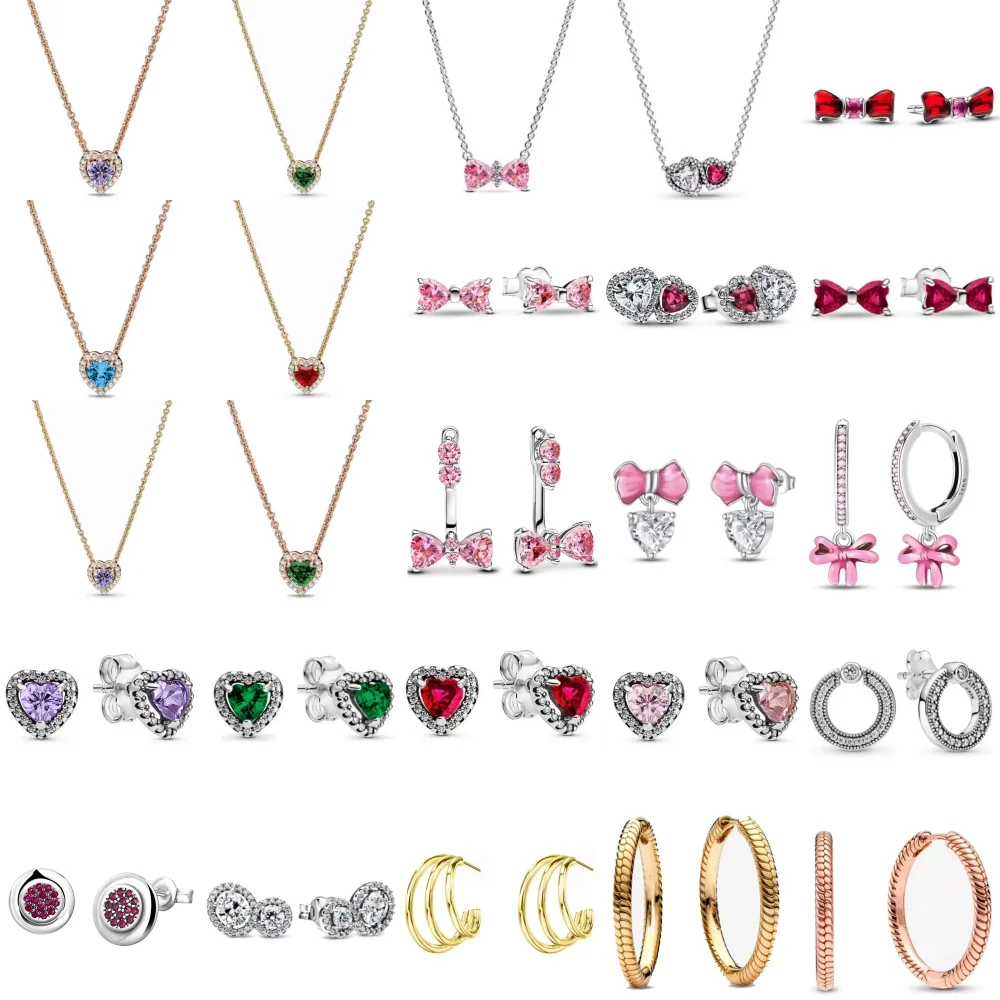 

New 925 Silver, Bow. Pink, Red, Purple Heart-Shaped Necklace Earrings, Suitable For Delicate Jewelry Of European Women