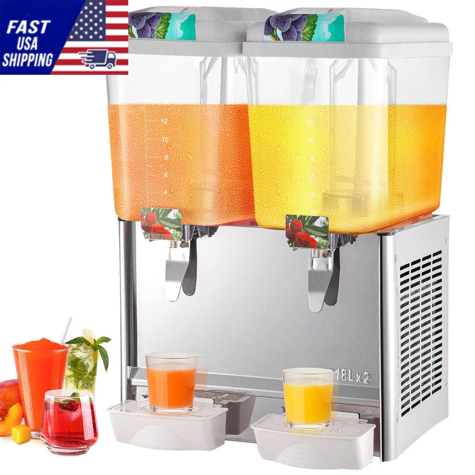 110V Commercial Beverage Dispenser; 9.5 Gallon 36L 2 Tanks Juice Dispenser Commercial; 18 Liter Per Tank 300W Stainless St