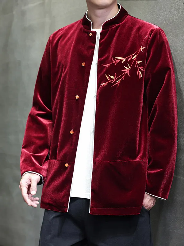 

Мужская куртка из красного вельвета в китайском стиле, свободного кроя, с вышивкой на воротнике, осенне-зимняя верхняя одежда для молодежи, из полиэфирного волокна
