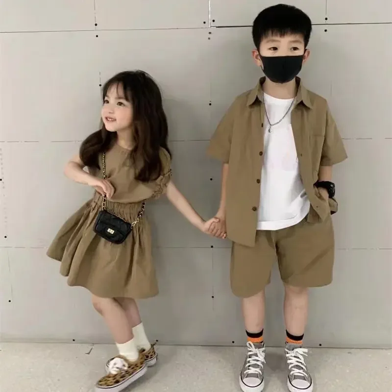 2022 Summer Kids Clothes Sets Brother Sister Matching Outfits Korean Children Clothing Suit Girls Blouse+Skirt Boys Shirt+Shorts