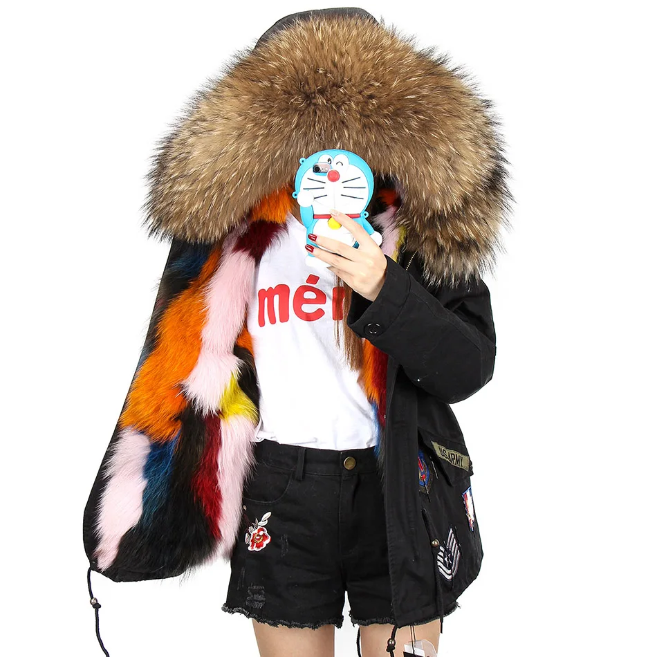 MAOMAOKONG Women Winter Coats Embroidery Fur Coat Natural Real Fox Fur Removable Lining Fur Collar Parka Inner Fur Jacket