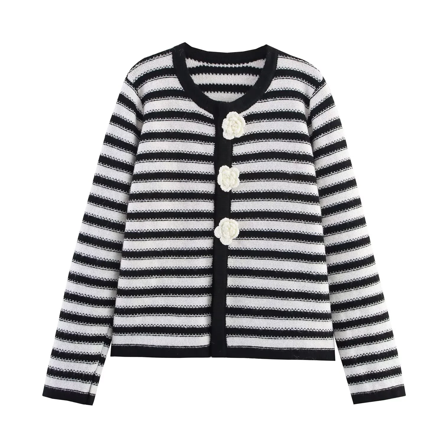 

PB&ZA2025 autumn new women's casual loose three-dimensional flower button decorative striped knitted cardigan jacket