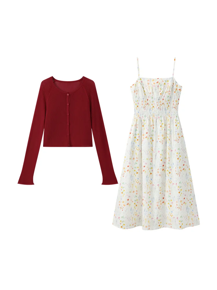 Vestido cami floral aquarela com cardigã combinando feminino verão conjunto de 2 peças sem mangas linha a vestido midi estilo francês
