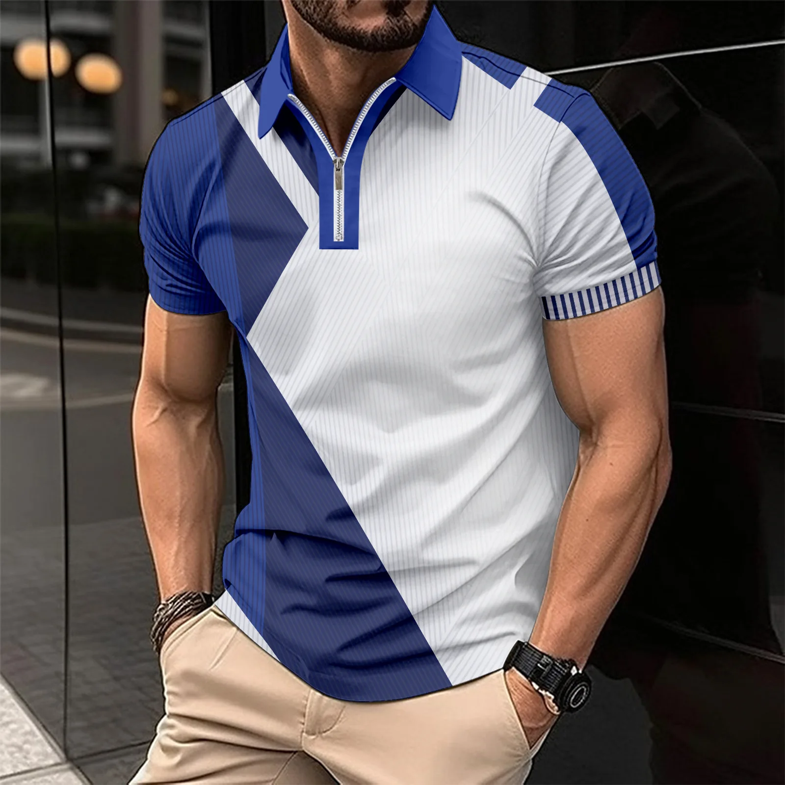 Men's polo color matching geometry lapel short-sleeved T-shirt top sports leisure holiday party fashion men's hot trend