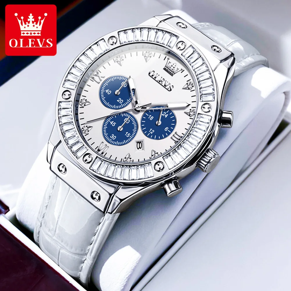 

OLEVS Luxury Diamond Lap Quartz Watch for Women Leather Strap Waterproof Chronograph Women's Wristwatch Fashion Ladies Watch