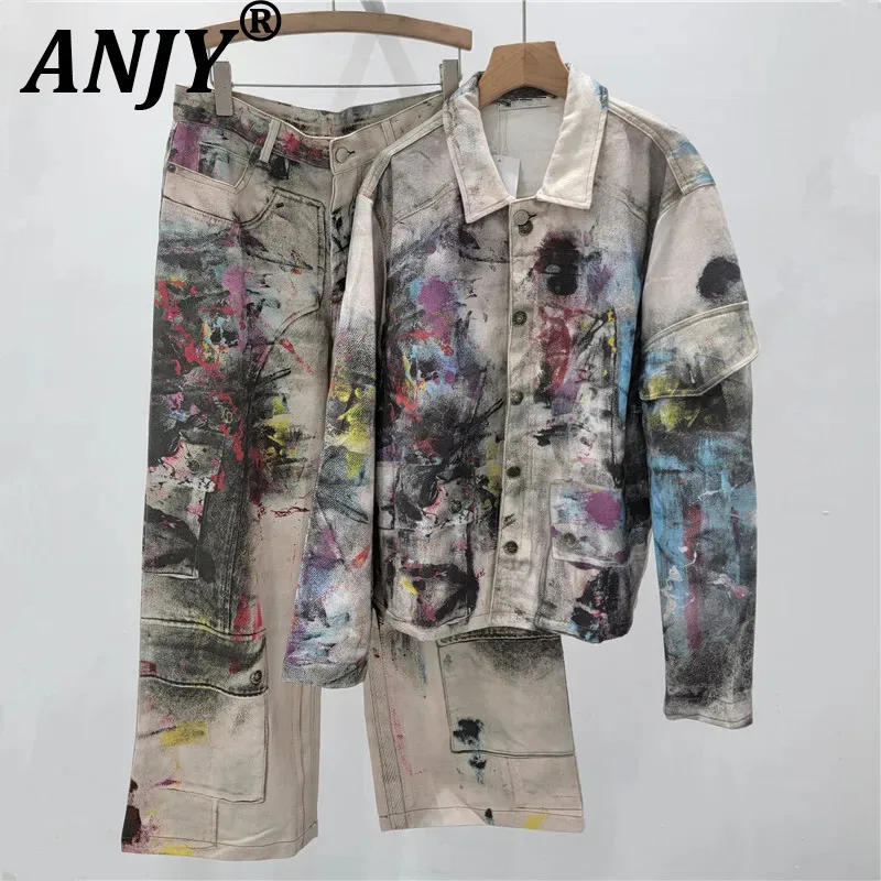

ANJY, осенняя новая женская американская винтажная уличная одежда, прямые джинсовые джинсы-карго, шикарная куртка с красочным принтом граффити A12150