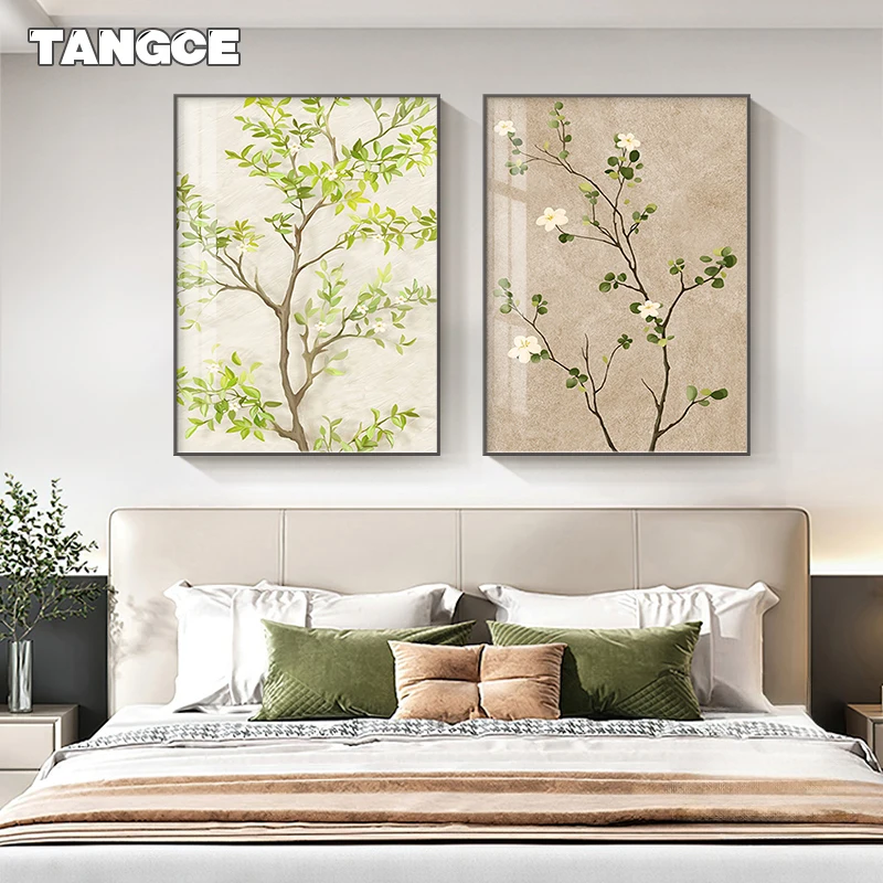 Vibrant Spring Trees Leaf Branch Flowers Poster Wall Art Canvas Painting Nordic Green Plant Print Picture Nordic Home Decoration