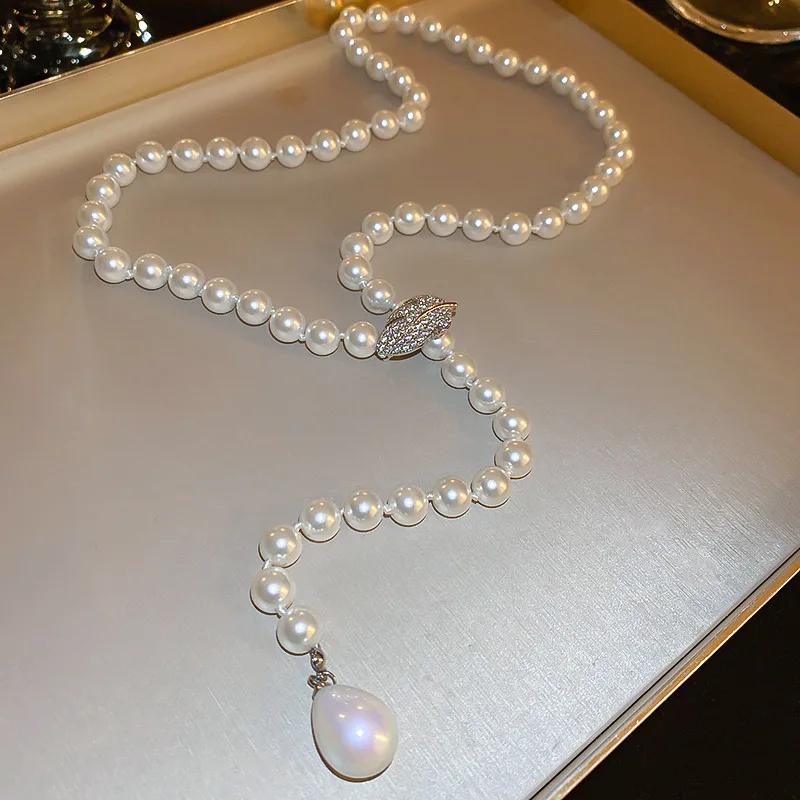 French Elegant Zircon Pearl Pendant Sweater Chain Necklaces for Women Unique Versatile Party Jewelry